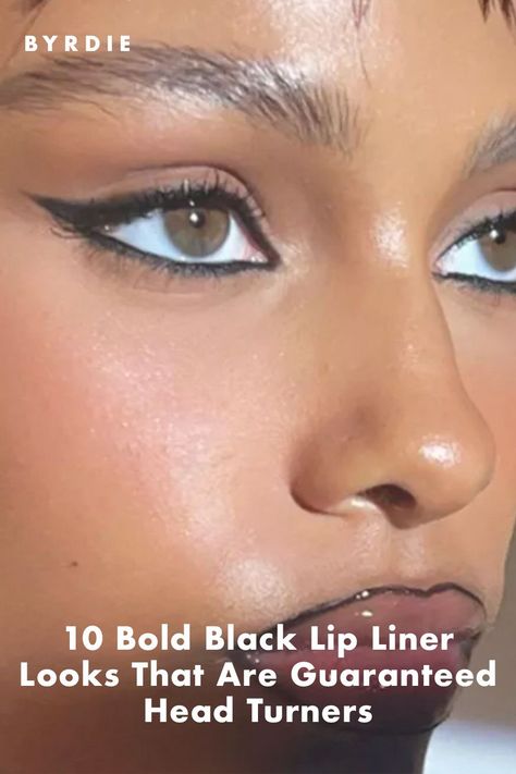 Black Waterline Makeup, Lip Liner Looks, Black Lip Liner, Best Black Eyeliner, Bronze Lips, Liner Looks, Vinyl Lips, Makeup Inspired, Smokey Eyeliner