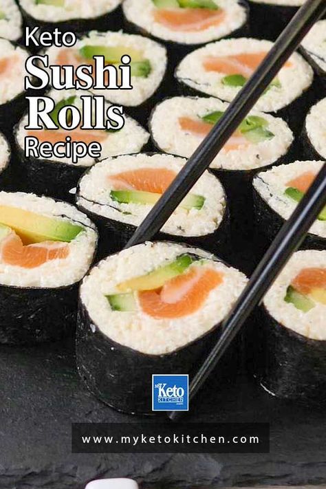 Our Keto Sushi Rolls are super healthy and low carb as we've used cauliflower to replace the traditional sushi rice. They are gluten free and ready to be stuffed with your favorite fillings, whether that's spicy tuna or salmon and avocado. These low carb sushi rolls are perfect for lunch, dinner, or keep them in the fridge for a quick snack. Keto Sushi Rolls, Sushi Rolls Recipe, Smoked Salmon Sushi, Keto Sushi, Traditional Sushi, Low Carb Sushi, Salmon Sushi Rolls, Keto Fish, Low Carb Salmon