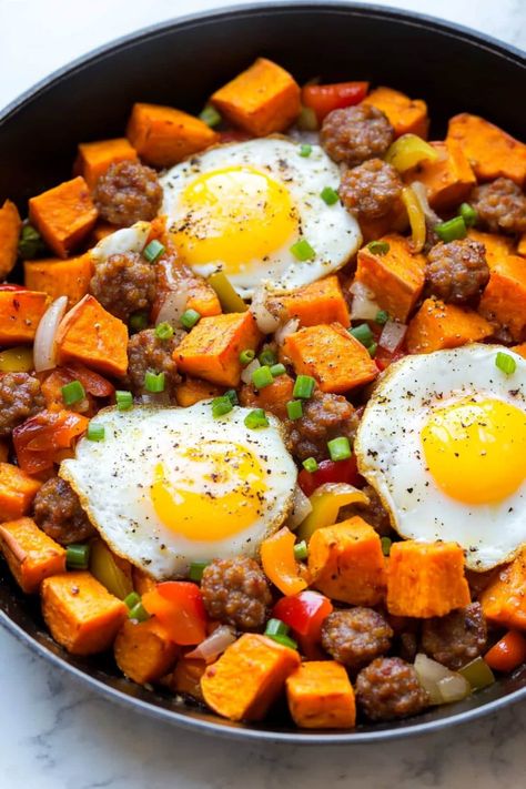 Peppers And Eggs, Sausage Breakfast Skillet, Sweet Potato And Sausage, Sausage And Potatoes Skillet, Potato And Sausage, Easy Weekend Breakfast, Potatoes Skillet, Sausage Peppers, Skillet Potatoes