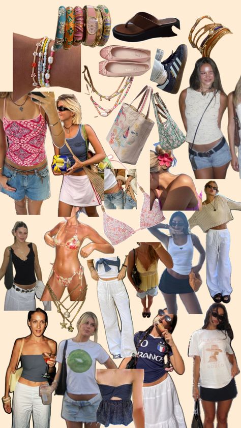 Summer 2024 Aesthetic Outfits, Types Of Styles Aesthetic, Summer Wardrobe 2024, Beachy Outfits, European Summer Outfits, Outfit Collage, Surf Outfit, Fits Clothes, Cool Fits