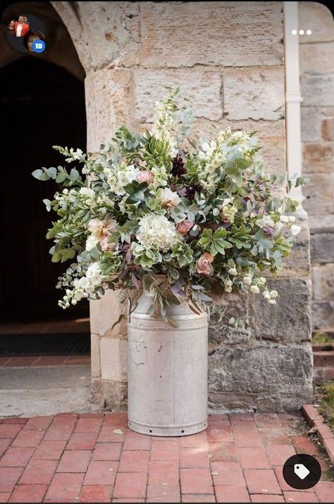 Foliage For Flower Arranging, Milk Churn Wedding, Wedding Milk Churn, Wedding Flowers Entrance, Flowers In Milk Churns, Milk Churn Flower Arrangements, Milk Can Floral Arrangements, Marquee Entrance Flowers, Milk Churn Flowers Wedding