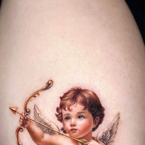 Female Sleeve Tattoo, Cherub Tattoo Designs, Cupid Tattoo, Cherub Tattoo, White Ink Tattoo, Geek Tattoo, Angel Tattoo Designs, Mother Tattoos, Painting Tattoo