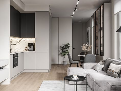 Modern Studio Apartment Ideas, Winter Apartment, Small Luxury Apartment, Apartment Behance, Living Room Upstairs, Open Concept Kitchen Living Room, Studio Apartment Design, Small Living Room Layout, Studio Apartment Living