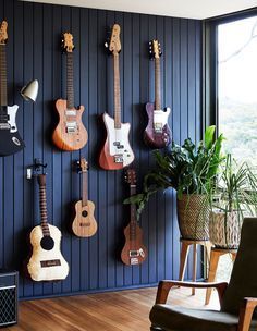 Office Music Room, Emma Clark, Music Room Design, Home Music Rooms, Guitar Room, Mid Century Home, Music Studio Room, Music Room Decor, Deco Studio