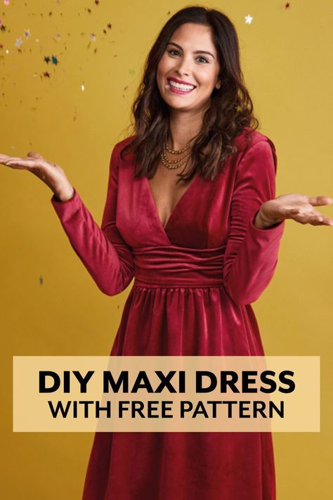 Velvet Maxi Dress tutorial and free pattern from Sew Magazine Christmas Sew Dress, Sew Magazine Free Pattern, Stretch Velvet Dress Pattern, Evening Dresses Patterns, Christmas Dress Pattern Women, Maxi Dress Free Pattern, Velvet Dress Pattern Sewing, Diy Winter Dress, Free Pattern Dress Women