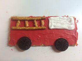 David's class studied fire safety this week, so we decided to make these treats for his class.      We covered a graham cracker with red fr... Fire Truck Preschool, Kids Food Ideas, Fire Truck Activities, Monster Truck Room Decor, Graham Cracker Snacks, Fire Safety Preschool Crafts, Monster Truck Cookies, Truck Crafts, Firetruck Birthday Party