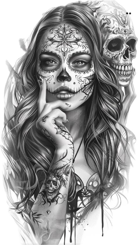 Sugar Skull Art Drawing, Sugar Skull Girl Tattoo, Suit Tattoo, Gothic Tattoos, Catrina Tattoo, Sugar Skull Artwork, Skull Girl Tattoo, Mexican Art Tattoos, Girl Face Tattoo