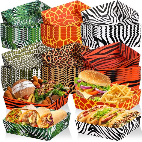 PRICES MAY VARY. Package Included: you will get 48 pieces animal print themed party safari jungle favor paper food trays with 6 different patterns, 8 pieces for each pattern, various styles and sufficient quantity to meet your daily and party decoration Safari Animal Party Supplies: these safari jungle party paper trays are designed with a variety of zoo animal print elements on both sides, such as giraffe spots, cheetah spots, crocodile spots, zebra stripes, tiger stripes and tropical green lea Party Animal Birthday Theme Table Decor, Last Rumble In The Jungle Bachelorette Party, Zoo Theme Party Food, Zoo Birthday Party Ideas Decoration, Safari Candy Table Ideas, Cheetah Party Decorations, African Themed Party, Safari Themed Food, Adult Safari Party