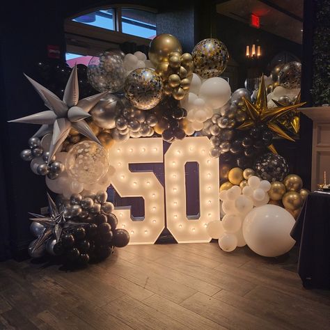 Balloon Garland 50th Birthday, 40th Birthday Hall Decorations, Number 50 With Lights, 50th Birthday Balloon Marquee, 40th Light Up Numbers, 50th Birthday Surprise, Birthday Event Ideas, 50th Birthday Men, 50th Birthday Balloons