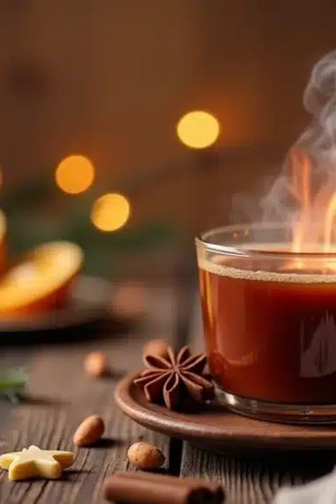 Verre de vin chaud fumant avec des tranches d'orange, des bâtons de cannelle, des étoiles de badiane et des décorations lumineuses hivernales en arrière-plan. Sangria