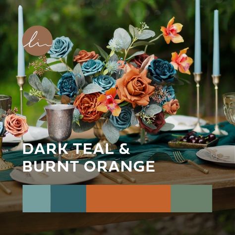 Dark Teal And Burnt Orange Wedding Centerpieces, Dark Teal And Burnt Orange Wedding Color Schemes, Teal And Orange Wedding Ideas, Burnt Orange Spring Wedding, Dark Teal And Rust Orange Wedding Decor, Teal Burnt Orange Wedding, Dark Teal And Burnt Orange Wedding, Dark Teal And Rust Orange Wedding, Teal And Burnt Orange Wedding