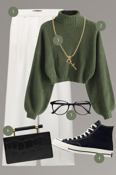 Embrace the charm of classic academia with a fashionable twist in this curated ensemble. The moodboard presents an effortlessly chic look, featuring a sumptuous green turtleneck sweater that exudes warmth and comfort. The sweater is paired with a crisp white skirt, creating a stunning contrast that speaks of a refined aesthetic. Completing the look are high-top sneakers that ground the outfit with a casual, street-smart vibe, perfect for a day spent in the city or a relaxed evening out. Cozy Turtleneck Outfit, Green Turtleneck Outfit, Green Sweater Outfit, Classic Academia, Green Turtleneck Sweater, Turtleneck Outfit, Green Turtleneck, Gym Attire, Denim Texture