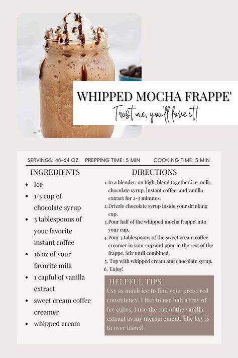 Homemade Frappe, Flavored Coffee Recipes, Instant Coffee Recipes, Mocha Frappe Recipe, Homemade Frappuccino, Frappe Recipe, Mocha Frappe, Mocha Recipe, Cold Coffee Recipes