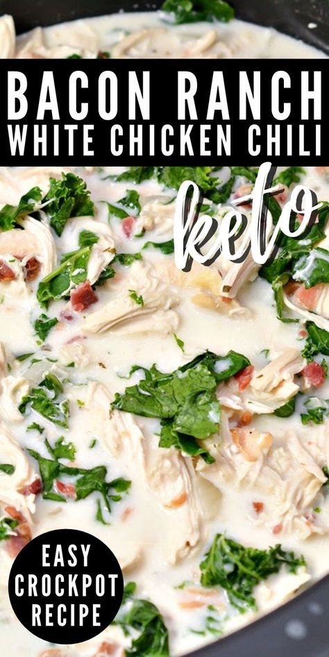 Keto Crockpot Chicken Chili With Bacon & Ranch - Simple Dinner Idea Keto Soups Crockpot, Keto Crockpot Desserts, Keto Chicken Chili Crockpot, Chicken Keto Crockpot Recipes, Thm Crockpot Meals, Crockpot Keto Chicken Recipes, Keto Recipes Crockpot, Keto Chicken Crockpot Recipes, Keto Crockpot Soup