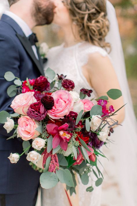 White And Dark Pink Bouquet, Dessert Wedding Flowers, Mulberry Bouquet Wedding, Burgundy And Pink Wedding Bouquet, Dark Pink Fall Wedding, Fall Pink Wedding Bouquet, Raspberry Wedding Flowers, Pink Purple Maroon Wedding, Red Pink Purple Wedding Flowers