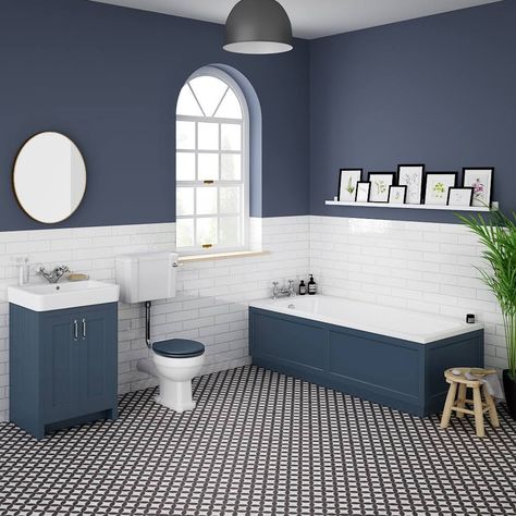 Blue Bathroom Walls, Navy Bathroom, Downstairs Toilet, Bathroom Color, Bathroom Suites, Bathroom Suite, Downstairs Bathroom, Blue Bathroom, Family Bathroom