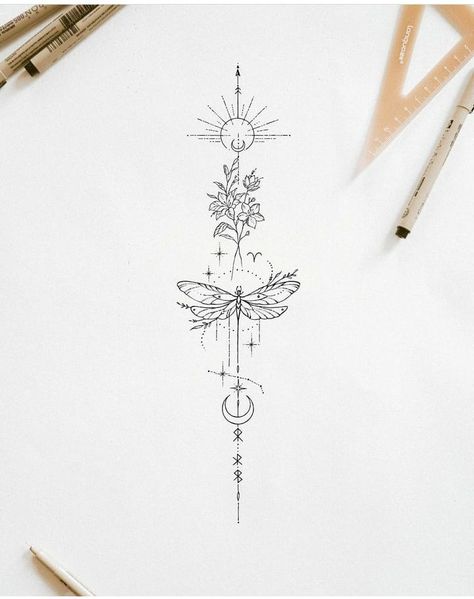 Spine Tattoos Hummingbird, Ankle To Calf Tattoo, Water Like Tattoo, Spine Tattoo Dragonfly, Tattoo Ideas Female Dragonfly, Whimsical Spine Tattoo, Phases Of The Moon Tattoo Spine, Long Tattoos For Women, Fairy Spine Tattoo