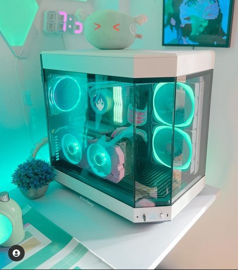 Kawaii Gaming Setup Blue, Mint Gaming Setup, Mint Green Gaming Setup, Light Blue Gaming Setup, Aesthetic Pc Build, Pc Games Setup, Pc Builds, Gaming Desk Setup, Setup Gamer