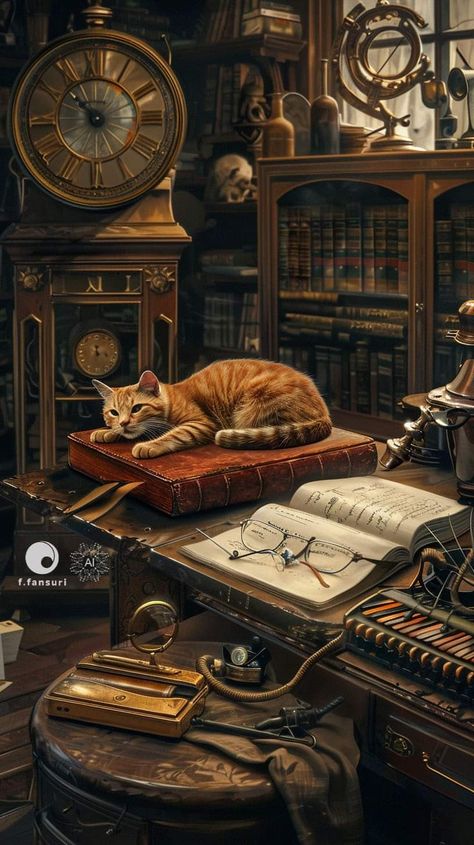 Cat Library, Library Wallpaper, Cafe Library, Gothic Cat, Steampunk Illustration, Wallpaper Cats, Louis Wain Cats, Steampunk City, Dark Academia Wallpaper