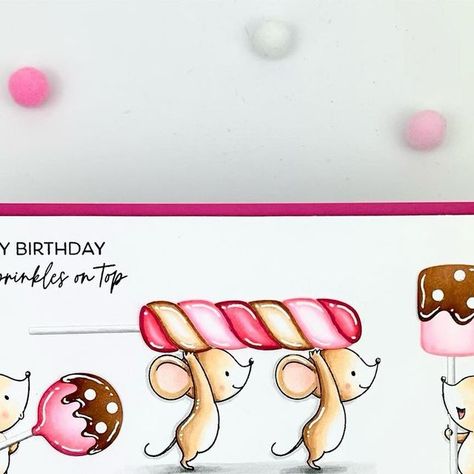 Hanh Nguyen on Instagram: "Happy Birthday With Sprinkles on Top! Popping in to share a fun birthday card that I made with the new @mftstamps Something Sweet Card Kit. This time I paired up the Sweet Sticks Die-namics with my favorite mice from the Birdie Brown Mice Day to Celebrate set. Please visit my blog through the link in bio above to see more details of how I made this card. Have a wonderful day! 🩷🤎🩷 PRODUCTS USED: MFT Something Sweet Card Kit MFT Something Sweet Stamp Set MFT Sweet Sti Mft Mice Day To Celebrate, Mft Birthday Cards, Mft Stamps Cards, Sweet Sticks, Fun Birthday Card, Mft Cards, Candy Cards, Mft Stamps, Balloon Dog