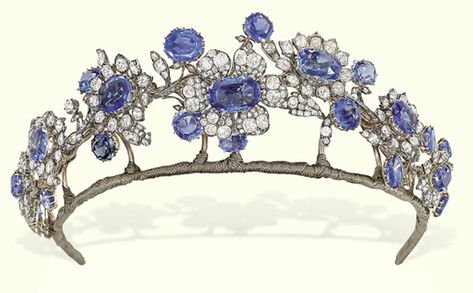 Antique tiara of diamonds, sapphires, silver and gold, c. 1850. Sapphire Tiara, Tiara Necklace, Tiara Silver, Royal Crowns, Royal Tiaras, Beautiful Tiaras, Diamond Tiara, Royal Jewels, Single Stone