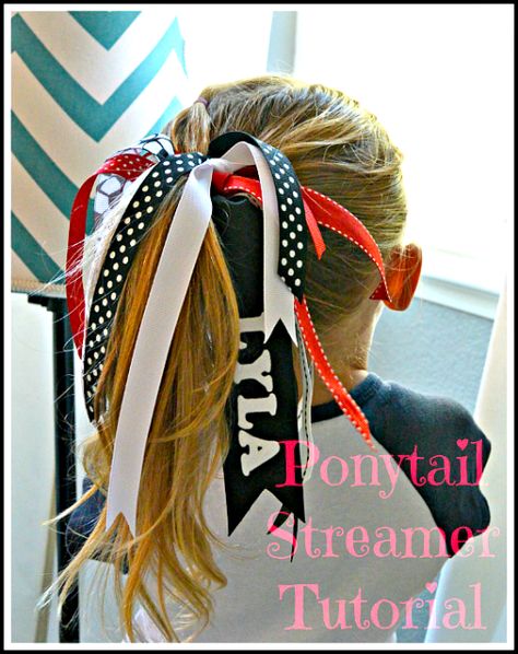 10 cute DIY hair accessories for girls! #fashion Cute Diy Hair Accessories, Ponytail Streamer, Softball Hair, Pompon Diy, Soccer Hair, Softball Bows, Ribbon Hair Ties, Softball Hairstyles, Hair Accessories For Girls