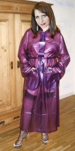 Purple Rain Coat, Plastic Outfit, Transparent Raincoat, Rain Fashion, Pink Raincoat, Blouse Nylon, Plastic Mac, Rainwear Girl, Rubber Raincoats