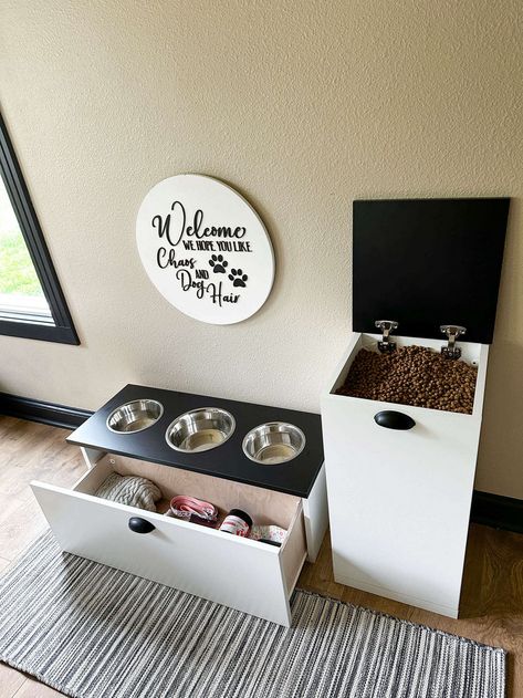 Enhance your pet's dining experience with these elevated dog feeders in a minimalist black and white design. Functional and fashionable! farmhouse style. rustic farmhouse. dog food storage ideas. dog food station. dog organization dog corner. dog spaces. dog areas in house. dog rooms. Dog Food Area, Pet Necessities, Pet Food Area, Dog Station, Dog Food Station, Pet Station, Pet Feeding Station, Elevated Dog Feeder, Dog Feeding Station