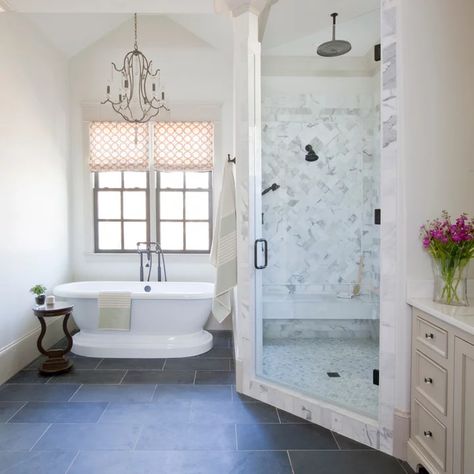 75 Beautiful Slate Floor Bathroom with Marble Countertops Pictures & Ideas - April, 2021 | Houzz Slate Floor Bathroom, Traditional Bathroom Design Ideas, Slate Bathroom Floor, Traditional Bathroom Design, Slate Bathroom, Slate Floor, Traditional Bathroom Designs, Small Bathroom With Shower, Diy Bathroom Makeover