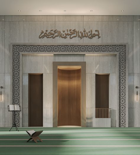 Introducing the main prayer hall at Masjid Al-Hikma, an exquisite blend of elegant grey marble and rich wood, adorned with intricate Islamic patterns. This space beautifully reflects the depth of Islamic culture with a modern touch, guiding worshippers to peace and tranquility. - - - - - - #interiordesign #interiorinspo #interiordaily #interiorstyle #interiorinspiration #3dvisualization #designinspiration #design #designinterior #visualart #visualization #3dmax #modern #art #luxurylifestyle #... Mosque Interior Design Modern, Mosque Design Interior, Mihrab Design Modern, Modern Mosque Interior, Islamic House Design Interiors, Masjid Interior Design Modern, Modern Masjid, Modern Islamic Architecture, Mosque Interior Design