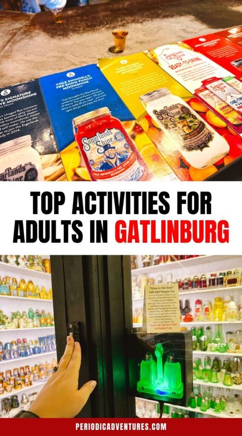 Read the top activities for adults in Gatlinburg including a moonshine tasting, cider tasting, mini golf, the Salt and Pepper Shaker Museum, and more! Food In Gatlinburg Tn, Best Gatlinburg Restaurants, Bars In Gatlinburg Tn, Cheap Things To Do In Gatlinburg Tn, Moonshine Tasting Gatlinburg, Cider Tasting, Visit Georgia, Gatlinburg Tn, Homemade Wine