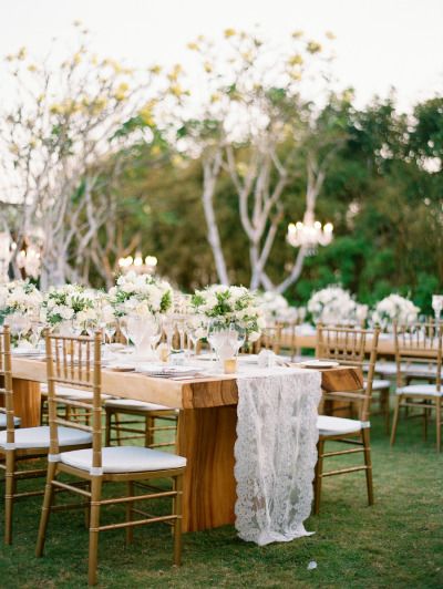 Outdoor Bali wedding table: http://www.stylemepretty.com/2014/10/06/classic-white-wedding-in-bali/ | Photography: Angga Permana - http://anggapermanaphoto.com/ White Flower Centerpieces, Wedding In Bali, Burlap Lace Wedding, Indonesian Wedding, Reception Tablescapes, Lace Table Runners, Bali Wedding, Vintage Wedding Decorations, Lace Table