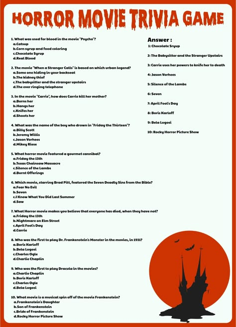 Horror Movie Trivia Questions And Answers Printable Scary Movie Trivia And Answers, Horror Birthday Party Games, Horror Movie Trivia Questions, Horror Movie Party Games, Horror Movie Games, Halloween Movie Trivia Questions And Answers, Horror Activities, Halloween Movie Trivia And Answers, Horror Party Games