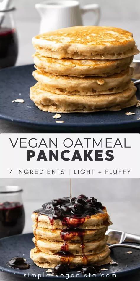 Healthy Vegan Oatmeal Pancakes are perfectly moist, fluffy, and amazingly delicious with warm blueberry compote! Quick and easy WFPB recipe! #veganpancakes #healthyrecipes #veganrecipes #plantbased Healthy Vegan Oatmeal, Vegan Oatmeal Pancakes, Healthy Vegan Pancakes, Pancakes Oatmeal, Oatmeal Pancakes Healthy, Low Fat Vegan Recipes, Oatmeal Vegan, Recipes Chili, Oatmeal Pancakes Recipe