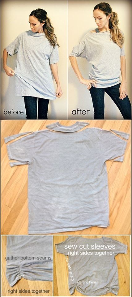 I can do this with the t shirts my dad gave me!! Since they are too big and men's. Shirt Makeover, Tshirt Makeover, Diy Vetement, Trendy Sewing, T-shirt Refashion, Shirt Refashion, Altering Clothes, Creation Couture, Recycle Clothes