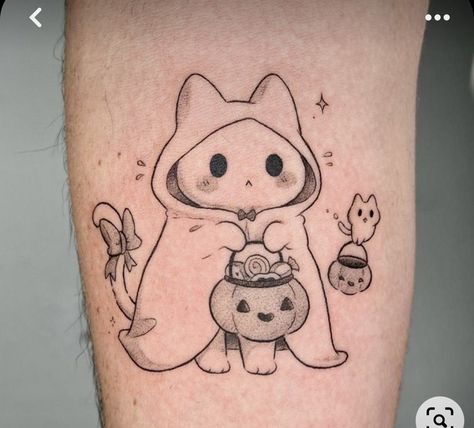 Flash Dog Tattoo, Pumpkin And Cat Tattoo, Cat Cute Tattoo, Cat Halloween Tattoo, Skeleton Cat Tattoo, Spooky Cat Tattoo, Cat Ghost Tattoo, Creepy Tattoo Ideas, Halloween Cat Tattoo