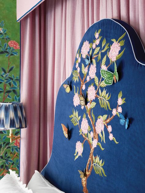 Flower Magazine Showhouse Lux Interior, Flower Magazine, Thibaut Wallpaper, The Shade Store, Blue Delphinium, Trellis Wallpaper, Wallpaper Ceiling, Garden Bedroom, Little Designs