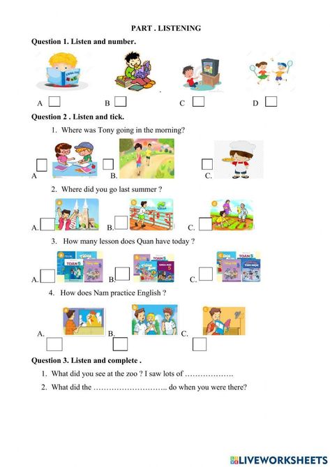 Grade 5-Listening-Speaking Listening Worksheets For Kids, Listening And Speaking Activities, Listening Skills Worksheets, Listening Worksheet, Listening English, Cambridge Exams, Test For Kids, Listening Test, Listening Comprehension