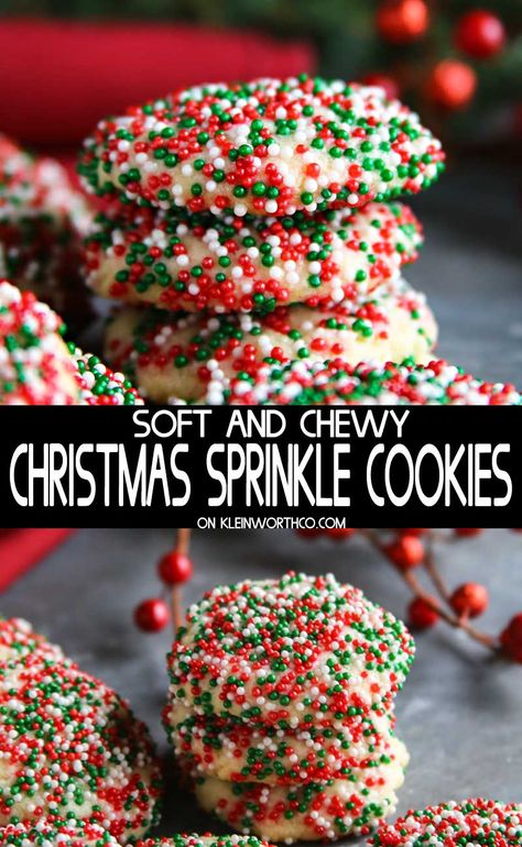 Soft Sprinkle Christmas Cookies, Christmas Sprinkle Cookies Recipes, Soft Christmas Sprinkle Cookies, Soft Sprinkle Cookies, Chewy Sprinkle Cookies, Stacked Christmas Sprinkle Cookies, Christmas Inspired Cookies, Recipe For Christmas Cookies, Colorful Christmas Cookies