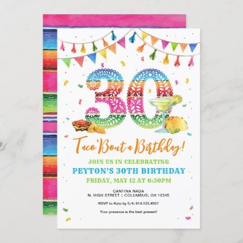 $2.65 | Taco Bout a 30th Birthday Fiesta Invitation #30th birthday invitation, 30th party invite, 30th fiesta invitation, taco bout 30, mexican themed, celebration, spanish, cheers to 30, colorful, fiesta themed 40th Birthday Fiesta, 30th Birthday Fiesta, 40th Fiesta, 65th Birthday Invitations, Mexican Invitations, Birthday Fiesta, 30th Birthday Party Invitations, 40th Birthday Party Invites, Birthday Flags