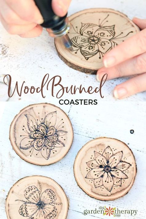 Wood Burned Coasters with Floral Pyrography - Garden Therapy Wood Burned Coasters, Wood Crafting Tools, Woodburning Projects, Wood Burning Crafts, Unique Gift Items, Easy Wood, Wood Burning Patterns, Wood Burning Art, Diy Holz