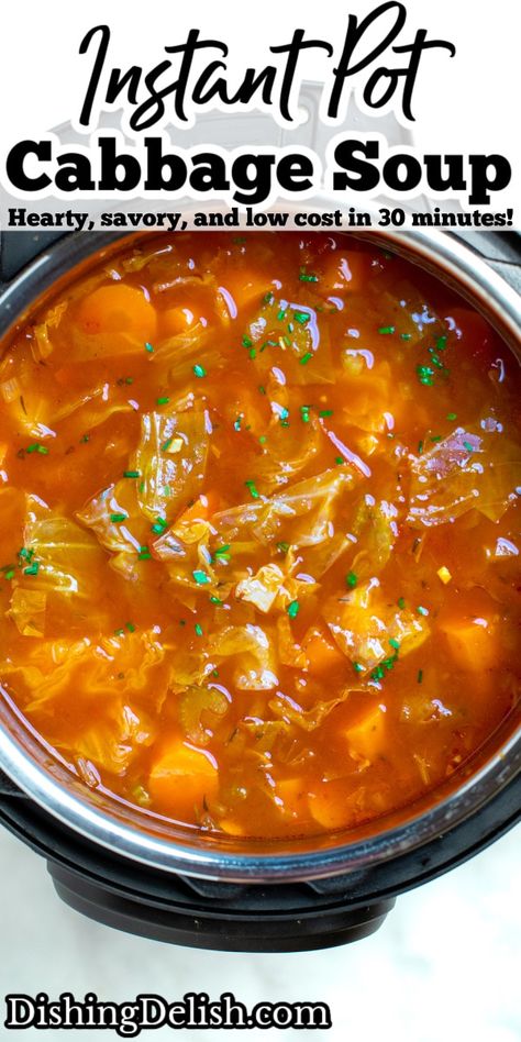 Instant Pot Cabbage Soup is the perfect low cost one pot dish, made with fresh cabbage, carrots, celery, diced tomatoes, and spices, ready in under 30 minutes! Cabbage Soup Pressure Cooker, Instant Pot Cabbage Soup Diet, Cabbage Stew Instant Pot, Cabbage Soup In Instant Pot, Cabbage Soup Diet Recipe Instant Pot, Stuffed Cabbage Roll Soup Instant Pot, Unstuffed Cabbage Roll Soup Instant Pot, Hamburger Cabbage Soup Instant Pot, Healing Cabbage Soup Recipe