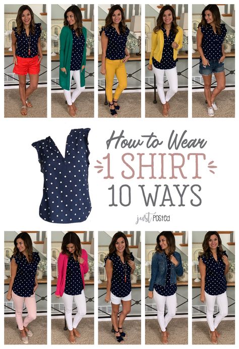 How to Wear 1 Navy Polka Dot Shirt 10 Different Ways - This polka dot shirt is so affordable and easy to dress up or down and style in so many different ways! It's a great basic piece to wear to work and it is a perfect item for spring or summer and for a capsule wardrobe. Winter Camping Outfits, Mode Ab 50, Teaching Outfits, Dot Shirt, Capsule Outfits, Summer Work Outfits, Polka Dot Shirt, Camping Outfits, Work Attire