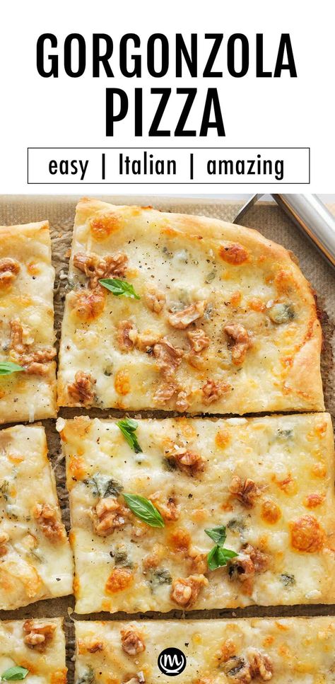 This easy no-knead pizza with gorgonzola is simply amazing! The crispy pizza crust, the indulgently creamy gorgonzola and the toasty walnuts are delicious! #pizzarecipes #pizzadoughrecipes #cheesepizza Pizza With Gorgonzola Cheese, Gorgonzola Pizza Recipes, Recipes With Gorgonzola, Homemade Gourmet Pizza, White Sauce Pizza Recipe, Italian Subs, Gorgonzola Recipes, Gorgonzola Pizza, Flatbread Pizzas