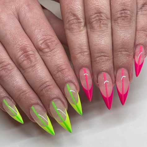 Bright Stiletto Nails, Nails Galaxy, Color French Manicure, Summer Nails Colors Designs, Nail Desi, Neon Green Nails, Watermelon Nails, Hippie Nails, Nail Art Designs Summer