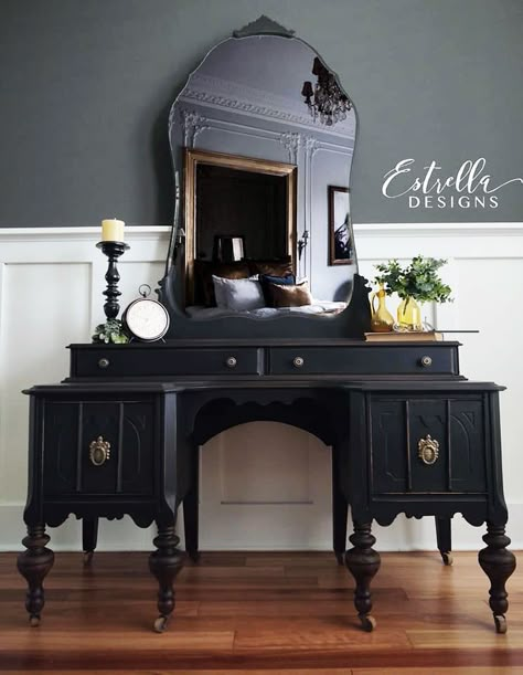 Lamp Black Vanity | General Finishes Design Center Black Victorian Vanity, Diy Black Vanity, Black Vintage Vanity, Art Deco Vanity Makeover, Gothic Vanity Ideas, Vanity Ideas Bedroom Vintage, Black And Gold Vanity, Waterfall Vanity, French Vanity