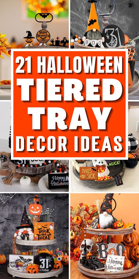 Get ready for the spooky season with our hocus pocus Halloween tiered tray decor ideas! Discover the perfect mix of fall decorations to elevate your Halloween decorations. From whimsical witches and ghostly gourds to hauntingly adorable black cats, these Halloween-inspired tiered tray displays will elevate your seasonal decorations to new heights. Use these fall-tiered tray ideas for Halloween table decor. Make sure to try these pumpkin decorations for your upcoming Halloween party. Two Tier Tray Decor Halloween, Halloween Three Tiered Tray, Halloween Table Display Ideas, Halloween Decorations Tiered Tray, 3 Teir Trays Decor Halloween, Tiered Halloween Tray, 3 Tier Stand Halloween Decor, Halloween Decorative Tray, Halloween 3 Tiered Tray Decor