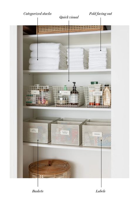 Bathroom Closet Organization Ideas, Bathroom Linen Closet, Organizing Linens, Bathroom Closet Organization, Neat Method, Closet Organization Ideas, Linen Cupboard, Linen Closet Organization, Bathroom Closet