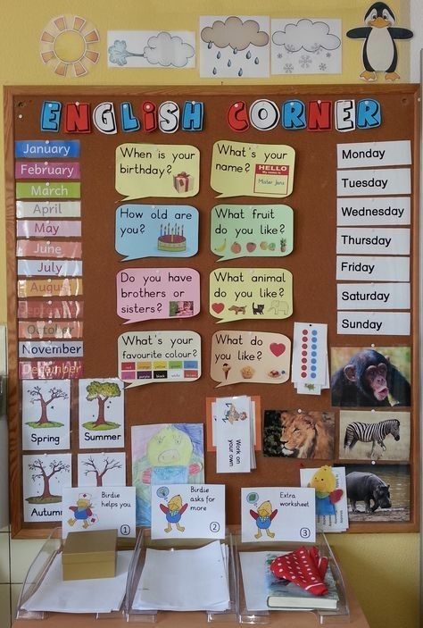 English Pictures Ideas, English Corner Ideas, English Corner Decoration School, English Board Ideas, English Corner Classroom Ideas, Classroom Corner, English Primary School, English Classroom Decor, English Corner