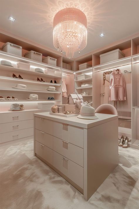 Elegant Pink Walk-In Closet • Step into luxury with this elegant pink walk-in closet. • A stunning crystal chandelier casts beautiful light patterns, adding a touch of glamour. • Custom shelving and drawers keep everything organized and within reach. • The central island offers additional storage and display space. • Soft carpeting and warm lighting create a cozy and inviting atmosphere. Luxury Storage Room, Walk In Closet Modern, Pink Walk In Closet, Walk In Closet Organization, Dressing Room Closet, Luxury Storage, Girly Decor, Closet Design Layout, Custom Shelving